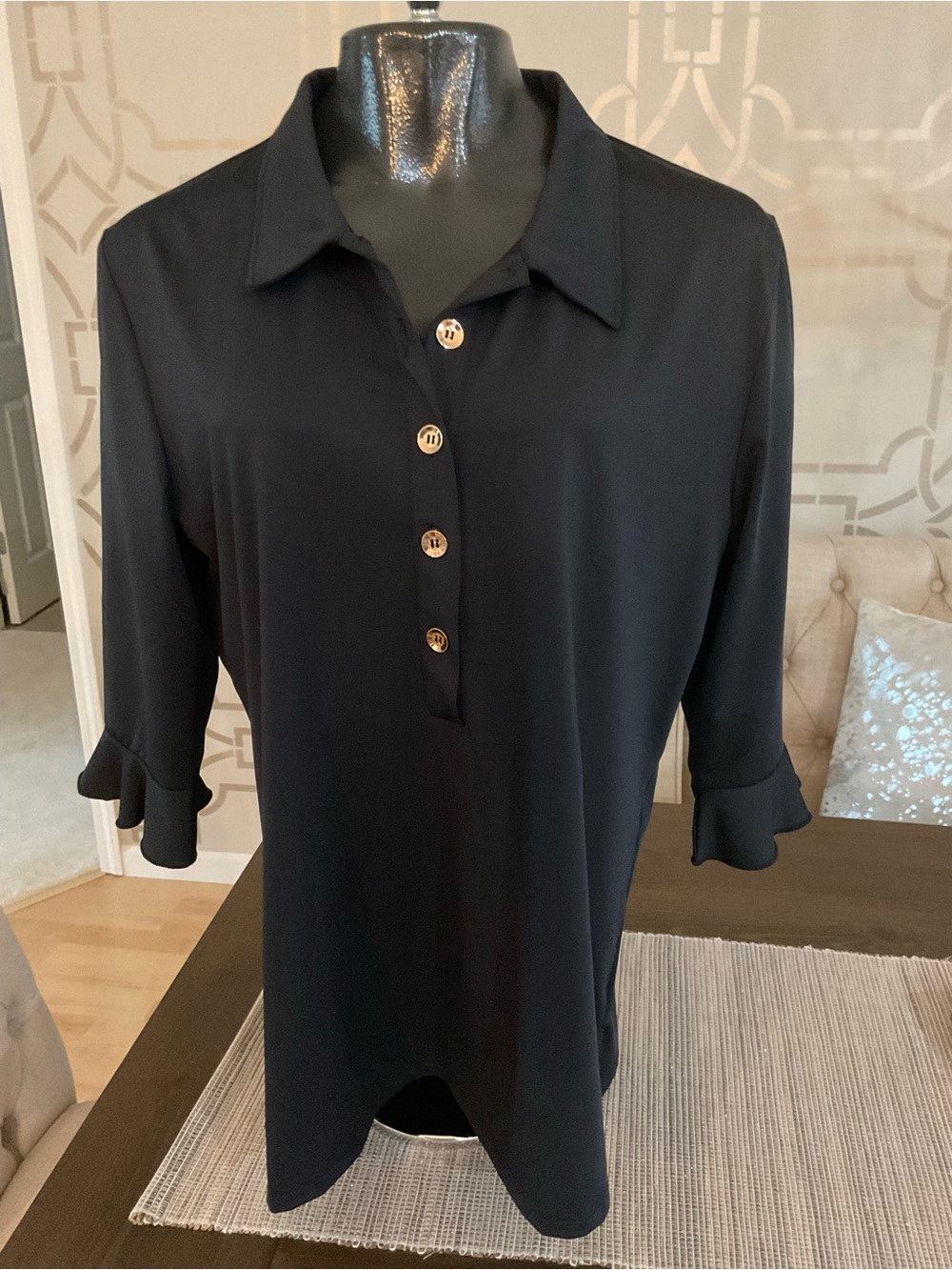 Women’s Black Button-Placket Tunic with Ruffle Cuffs